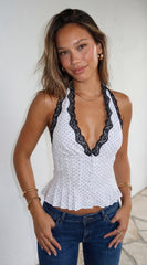 Valette Polka Dot Lace Halter Top - White