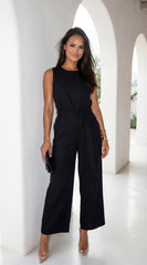 Zaylina Linen Waist Tie Jumpsuit - Black