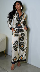 Vivaan Floral Print Satin Set - Cream