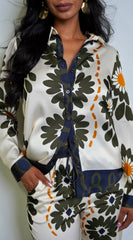 Vivaan Floral Print Satin Set - Cream