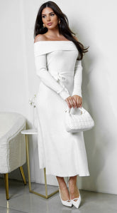 Zoya Off Shoulder Ribbed Midi Dress - Ivory