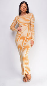 Tova Beige Abstract Print Long Sleeve Maxi Dress