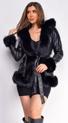 Sasha Black PU Leather Faux Fur Trim Coat