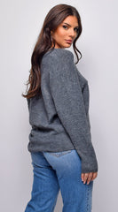 Remy V Neck Drop Shoulder Sweater Top - Gray