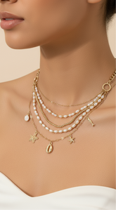 Starfish Shell Pearl Metal Ball Layered Necklace - Gold