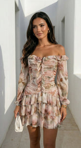 Sorrento Garden Floral Off Shoulder Ruffle Mini Dress - Beige Multi