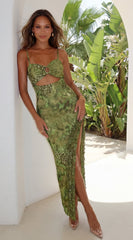 Vipera Snake Print Cutout Maxi Dress - Green