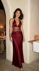 Ravena Lace Satin Detail Halter Maxi Dress - Red