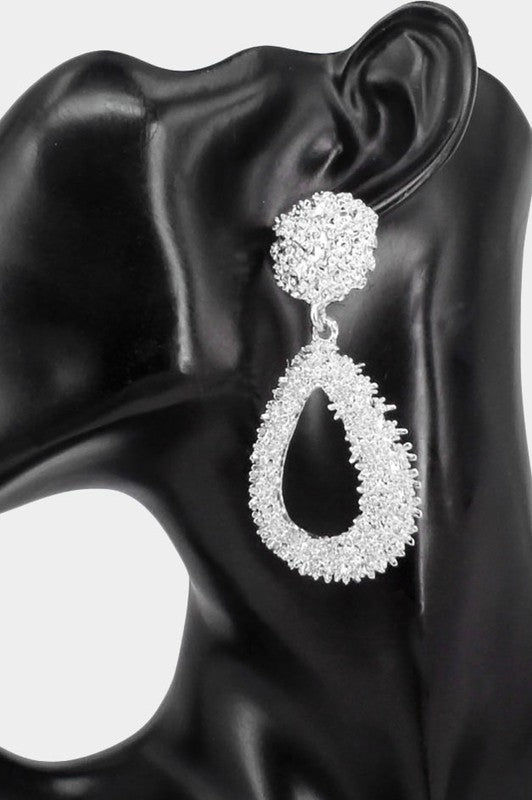 Silver Textured Open Teardrop Dangle Earrings