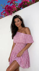 Posevia Ditsy Floral Off Shoulder Mini Dress - Pink