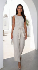 Zaylina Linen Waist Tie Jumpsuit - Natural Beige