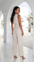 Zaylina Linen Waist Tie Jumpsuit - Natural Beige