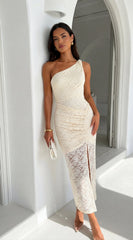 Solvèra Lace One Shoulder Midi Dress - Pale Yellow