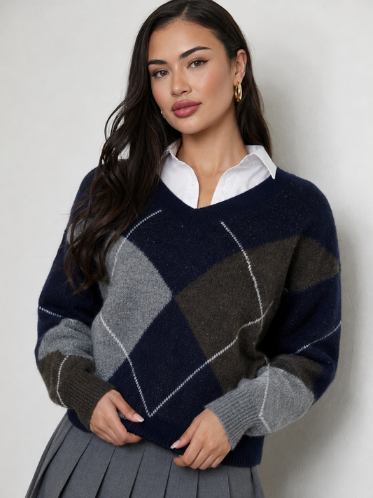 Noxley Argyle V Neck Long Sleeve Sweater - Navy