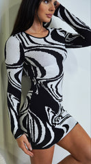 Sorena Black White Swirl Print Mini Dress