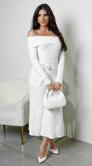 Zoya Off Shoulder Ribbed Midi Dress - Ivory