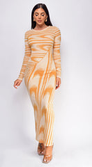 Tova Beige Abstract Print Long Sleeve Maxi Dress