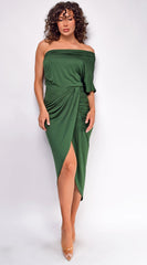 Pearl Venetian Ruched Midi Dress- Hunter Green