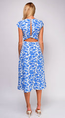 Zahra Blue Ivory Floral Print Side Slit Midi Dress