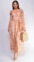 Valeria Corset Ruffle Midi Dress – Sunset Floral