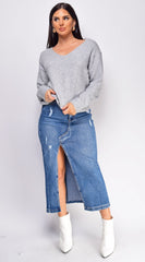 Tulli Blue Medium Wash Midi Denim Skirt