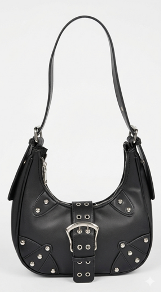 Zoey Faux Leather Stud Buckle Shoulder Bag - Black