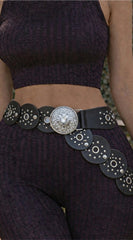 Vanna Silver Disc Faux Leather Boho Western Waist Belt - Black