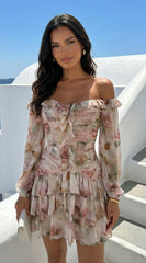 Sorrento Garden Floral Off Shoulder Ruffle Mini Dress - Beige Multi